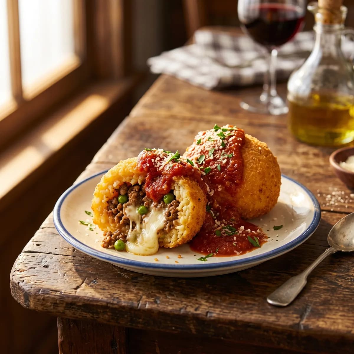 Fried arancini rice balls stuffed with beef, peas, and mozzarella, topped with marinara