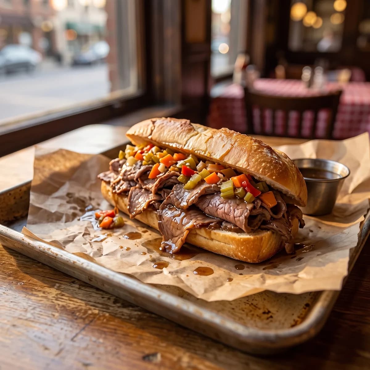 Chicago Italian beef sandwich with hot giardiniera and au jus on butcher paper