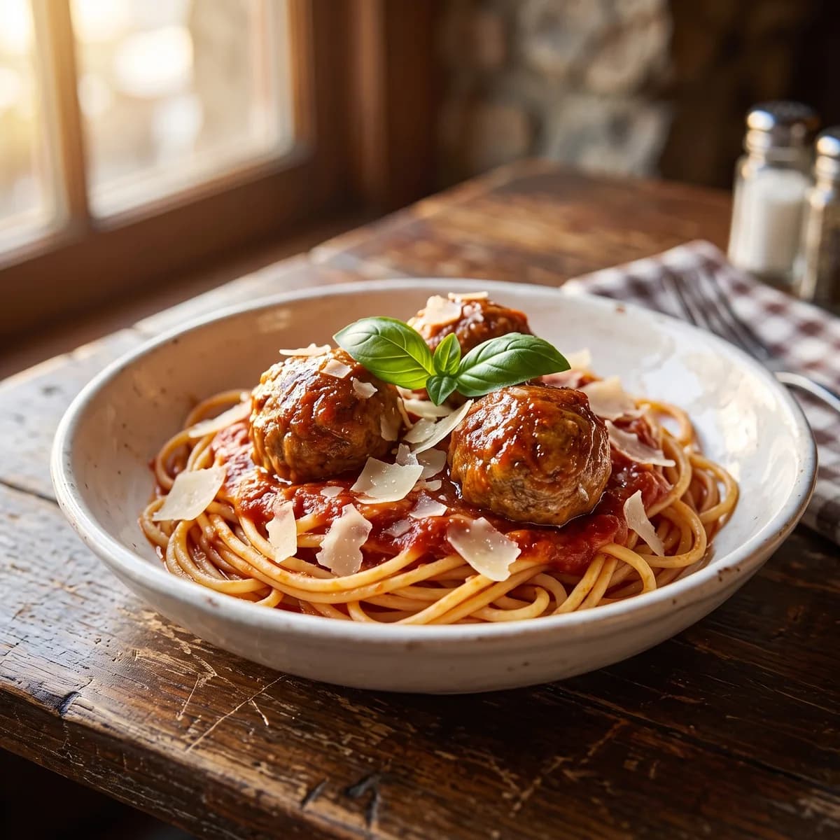 Spaghetti and meatballs in housemade marinara with shaved parmesan and basil