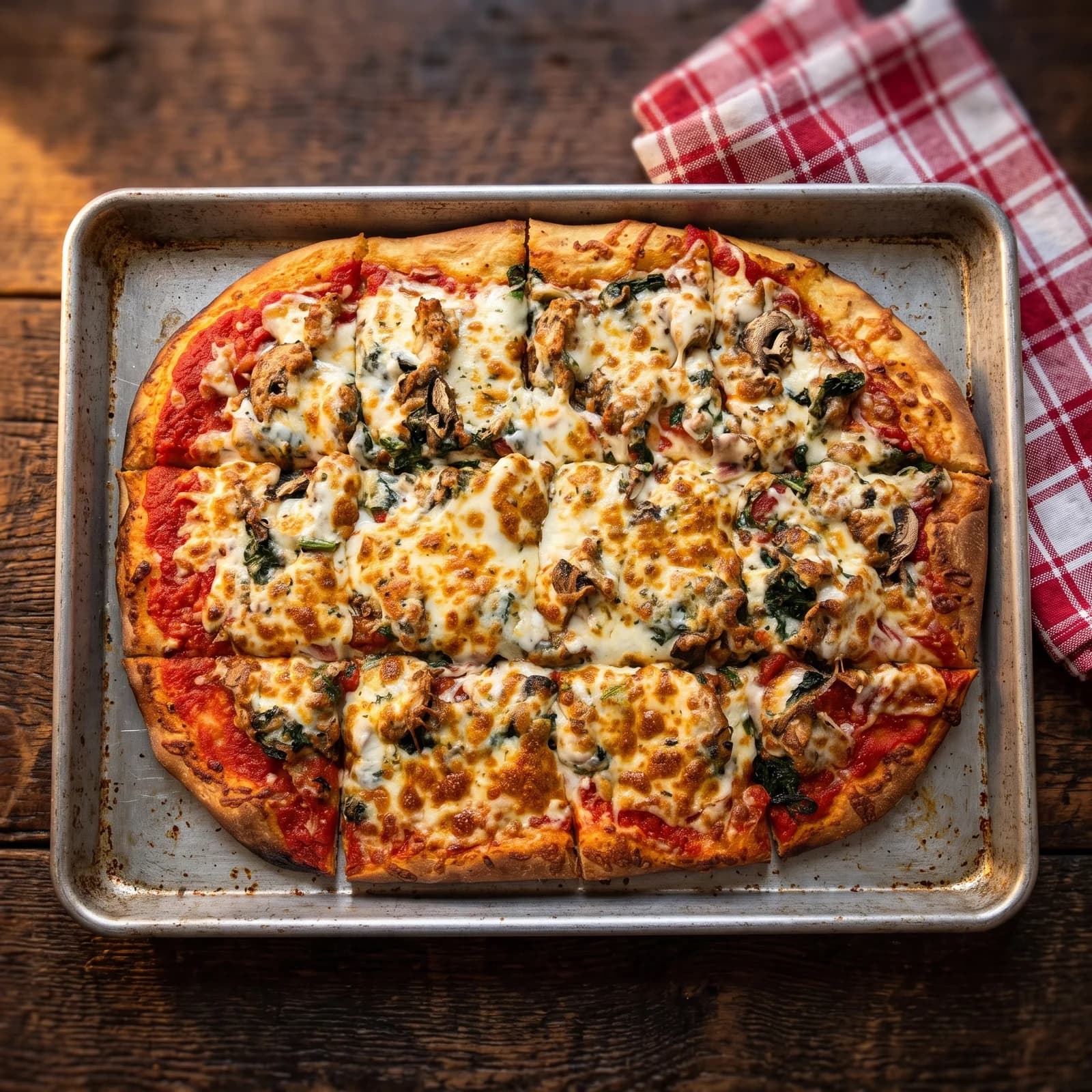 Capri's square-cut pan pizza with spinach, mushrooms, and sausage, ringed by red sauce, fresh from the oven on a steel sheet pan